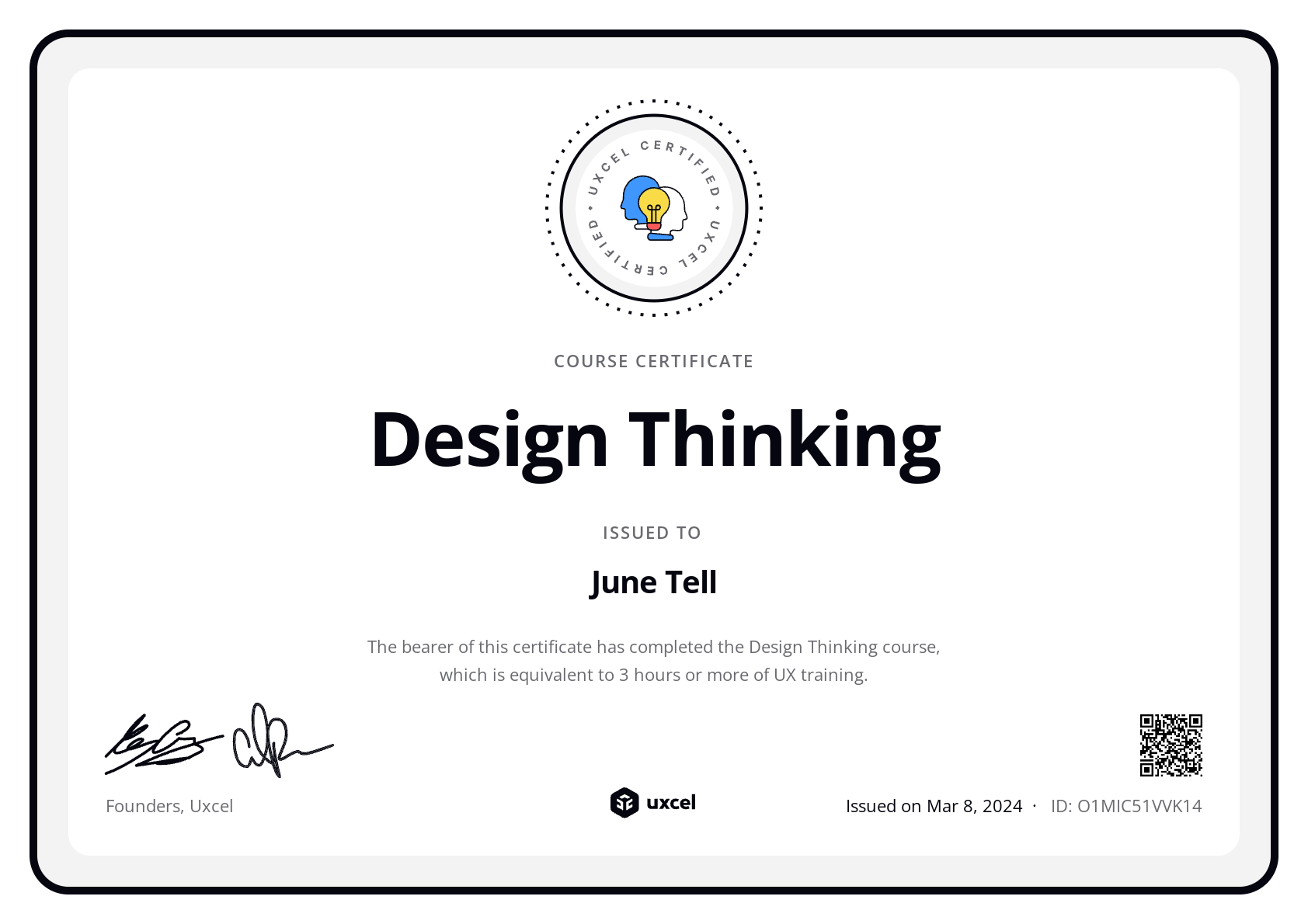 June Tell's certificate